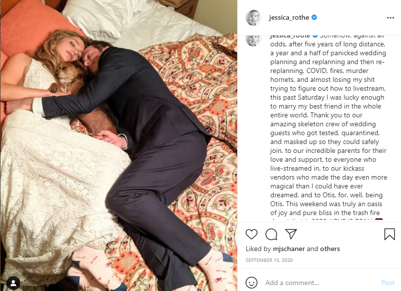 Jessica Rothe posted a photo with her husband Eric and her pet dog Otis.